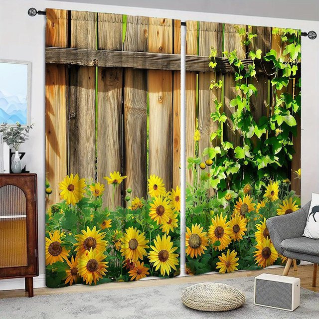 2-teiliges Set semi-transparente Vorhänge mit Sonnenblumen-Print von Household supplies MH, floral und modern, B: 107 cm, H: 213 cm - Bild 1
