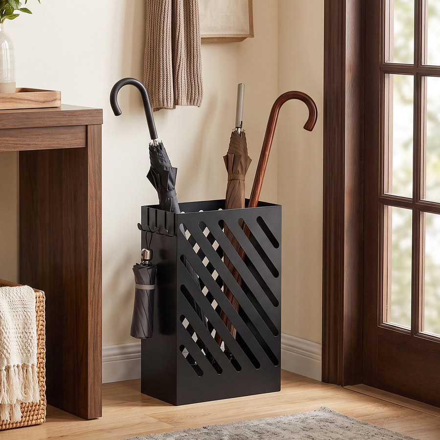 HOMCOM Regenschirmständer aus Stahl mit 4 Haken und abnehmbarer Wasserauffangschale, Schwarz, B/T/H: 28 x 14 x 41 cm - Bild 2