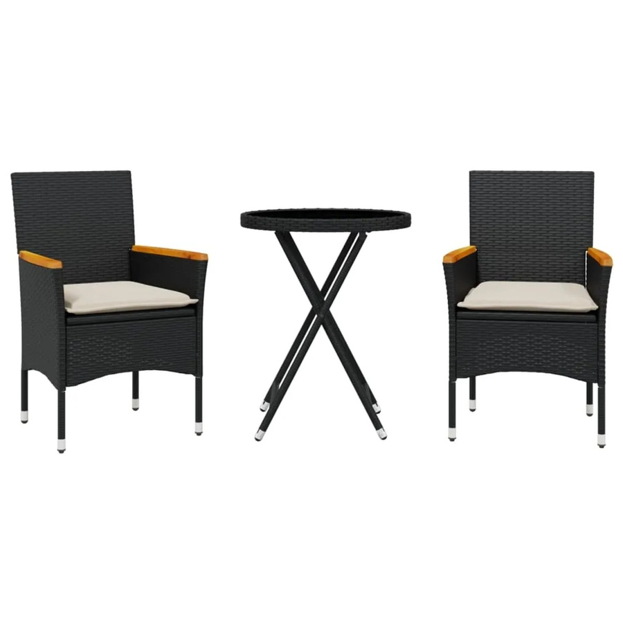 vidaXL 3-teiliges Bistro-Set aus Polyrattan und Glas in Schwarz mit Kissen für Garten, Balkon und Terrasse - Bild 2