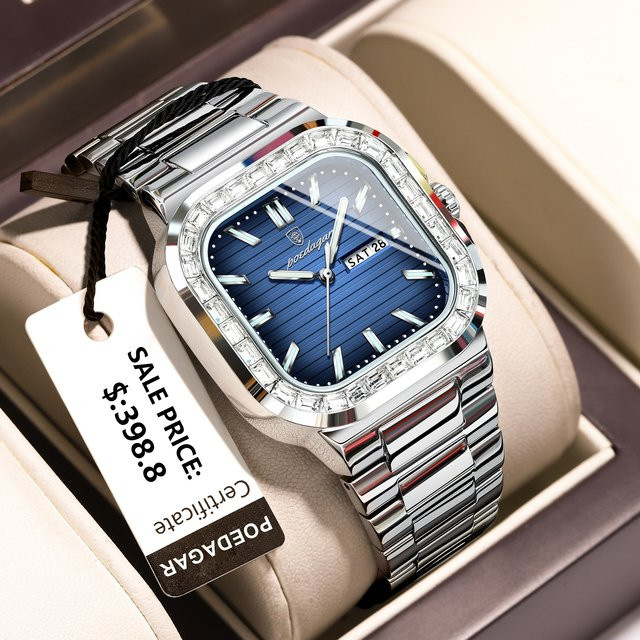 POEDAGAR Armbanduhr Edelstahl, Quarz, Eckig, Blau, Herren - Bild 1