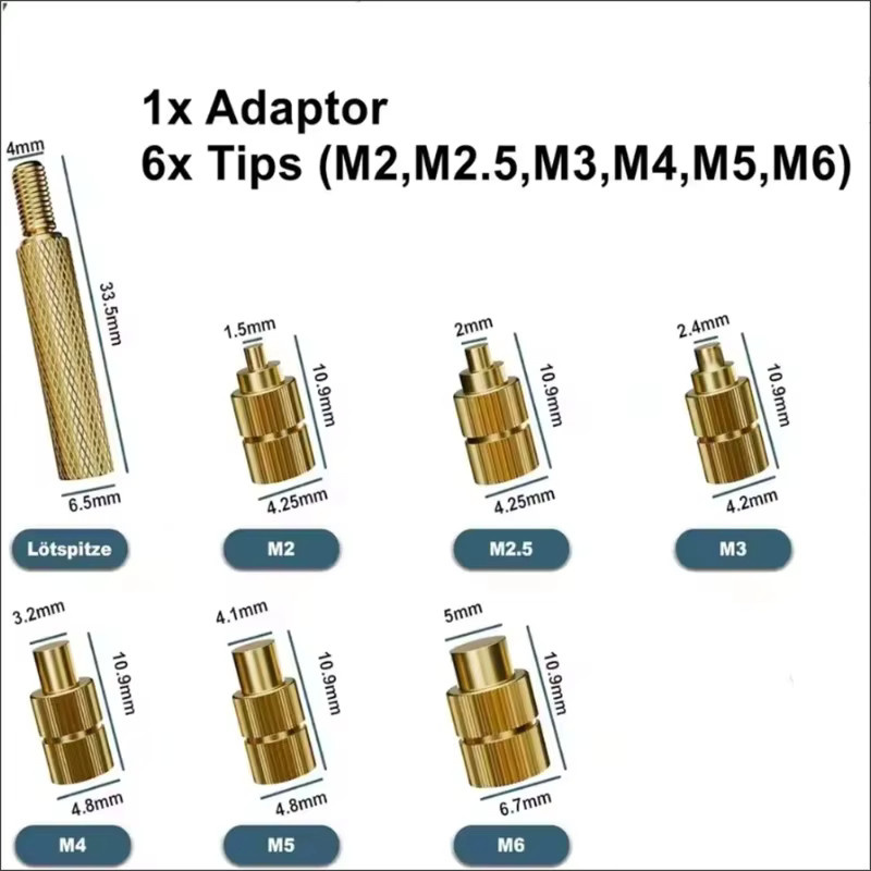 Heißschmelz-Lötspitzen-Set für Messinggewindeeinsätze in den Größen M2, M2.5, M3, M4, M5 und M6, Farbe: Gold - Bild 2