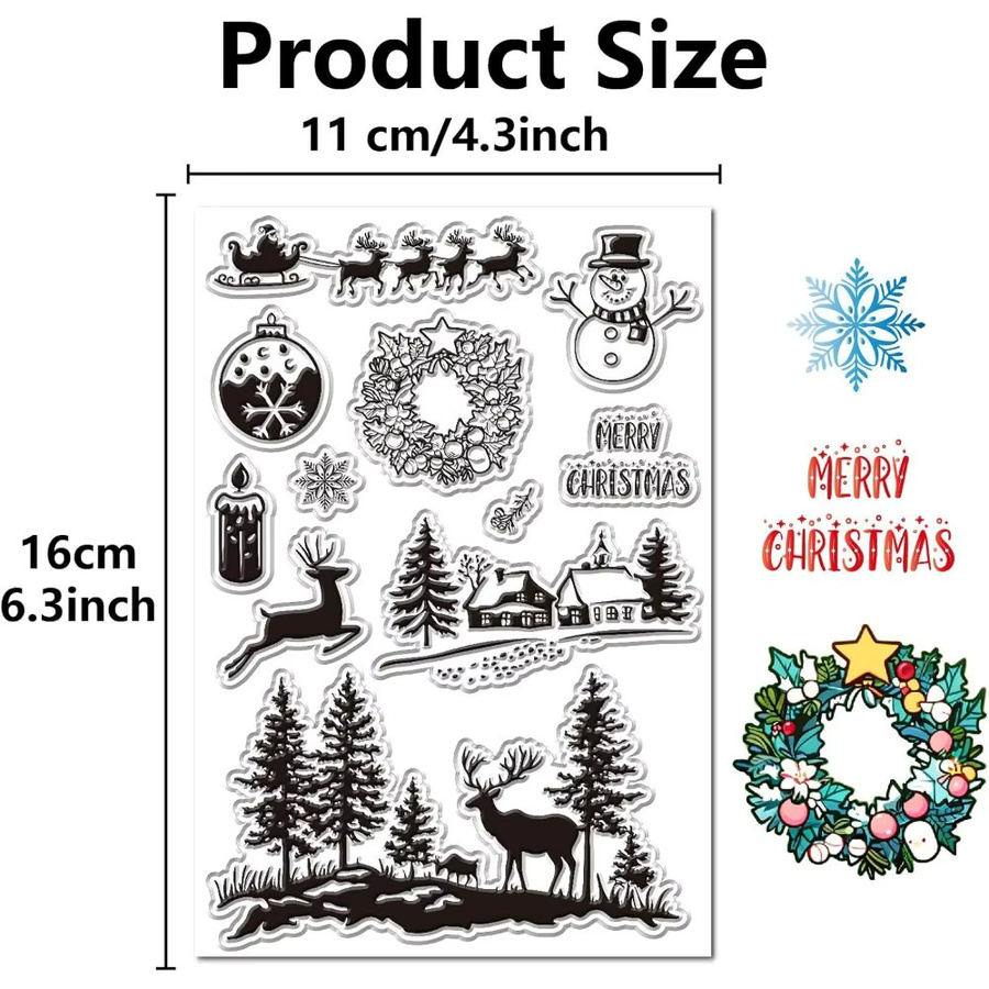 Transparente Gummistempel Set für Weihnachten mit Motiven wie Weihnachtsbäumen, Kränzen, Schneeflocken, Schneemännern und Elchen aus wiederverwendbarem Silikon - Bild 2