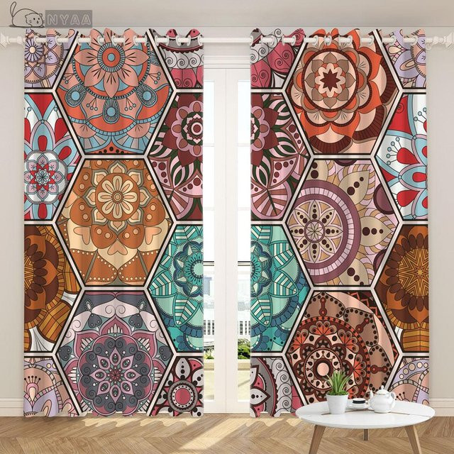 Yiran Furniture Vorhang Set mit 2 Stück im böhmischen Marokko-Stil, Vintage-Muster, halbtransparent, Mehrfarbig, B: 100 cm, H: 230 cm - Bild 1