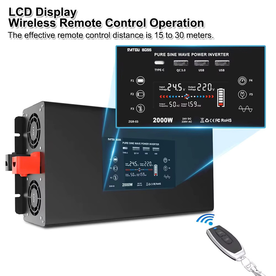 DATOUBOSS Reiner Sinus-Wechselrichter 2000W DC zu 220V/230V AC mit USB und LCD, 12V/24V DC, Schwarz - Bild 3