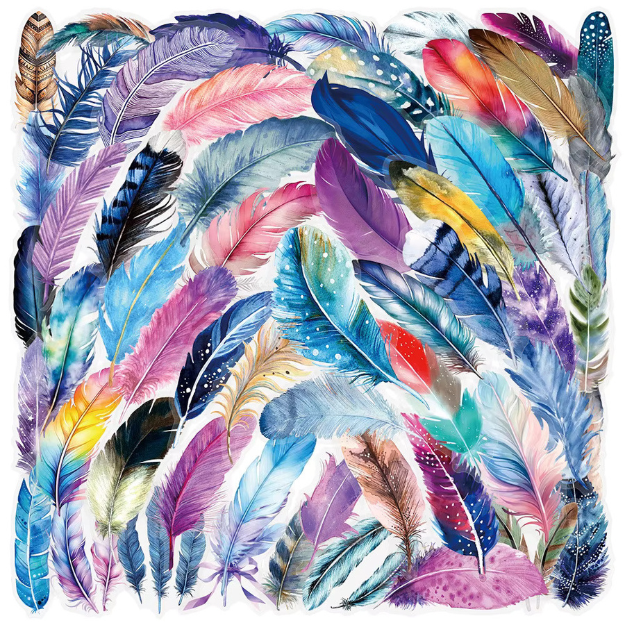 50 Stück transparente Vinyl-Aufkleber mit Federn von Sticker Story Store, wasserfeste Sticker in Multicolour für Handyhüllen, Gepäck und Tagebücher - Bild 2
