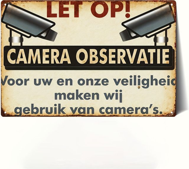 Retro Sec Metallschild für CCTV-Überwachungskameras Let Op Camera Observatie in Mehrfarbig, B/H: 20,0 x 14,0 cm - Bild 1
