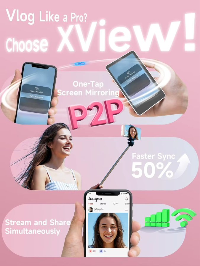 SYNCO XView Magnetischer kabelloser Telefonmonitor für iPhone und Android, 4K/1080p Rückkamera-Vlog-Bildschirm mit 50 m Reichweite für YouTube - Bild 2