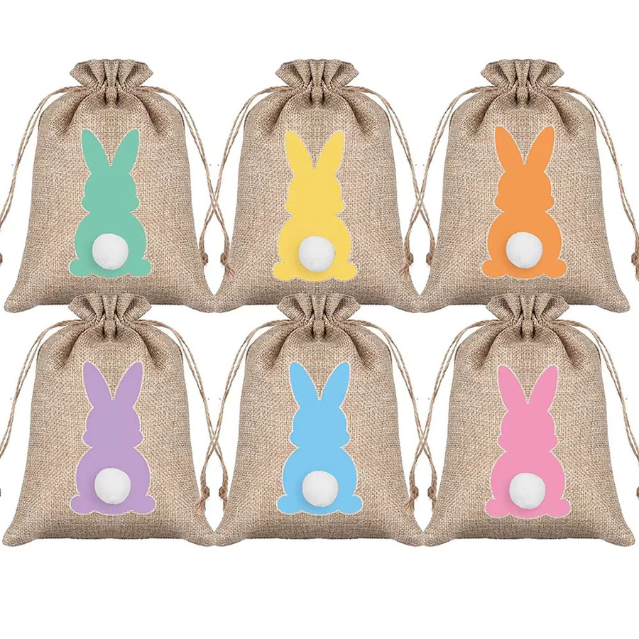 Ostern Jute Beutel mit Kordelzug Motiv Hase und Kaninchen Mehrfarbig für Süßigkeiten und Geschenke - Bild 3