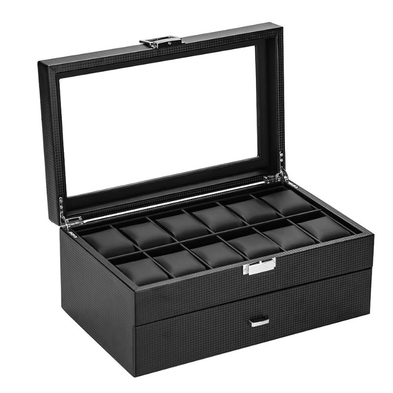 DOKW Uhrenbox-Organizer aus schwarzem PU-Leder mit Kohlefaser-Optik, doppellagig mit 24 Fächern und quadratischem Glasdeckel zur Schmuckaufbewahrung - Bild 4