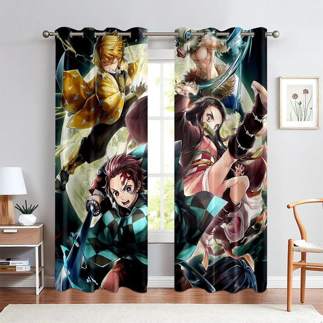 2er-Set Japanische Anime Fenster Vorhänge mit Cartoon Muster, Dekorative Stoffvorhänge für das Kinderzimmer, Mehrfarbig, Breite: 50 cm, Höhe: 140 cm - Bild 1
