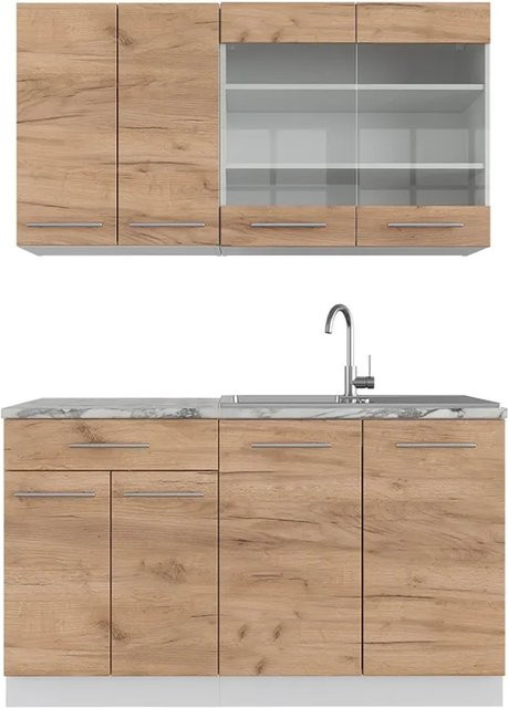 Vicco Fame-Line Singleküche Goldkraft Eiche/Weiß, Breite: 140 cm, mit Marmor-Optik und Soft-Close-Türen - Bild 1