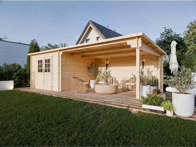 Woodtex Gartenhaus Blockbohlenhaus CA2978 mit 4 m Anbau, Naturbelassen, Braun/Beige, Bohlenstärke: 28 mm - Bild 1