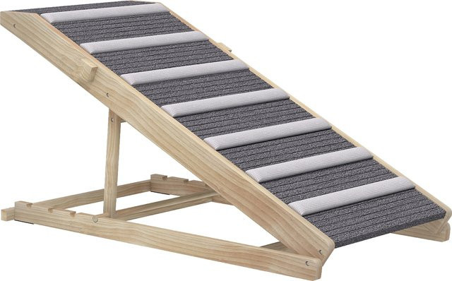 PawHut Klappbare Hunderampe aus Holz mit rutschfester Matte und Tragegriff, höhenverstellbar 35-50 cm, Grau, B/T/H: 100 x 50 x 50 cm - Bild 1