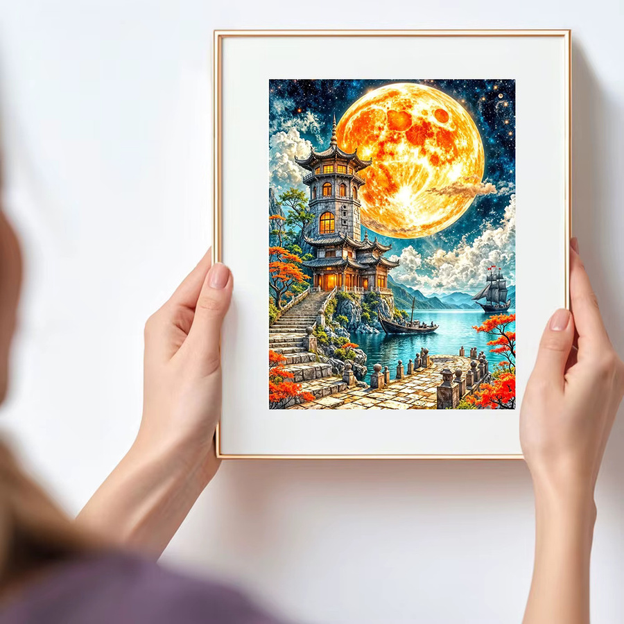 Huacan 5D-Diamantgemälde Mondhaus und Fluss als Landschaftsmosaik in Multicolour, B/H: 20 x 30 cm - Bild 3