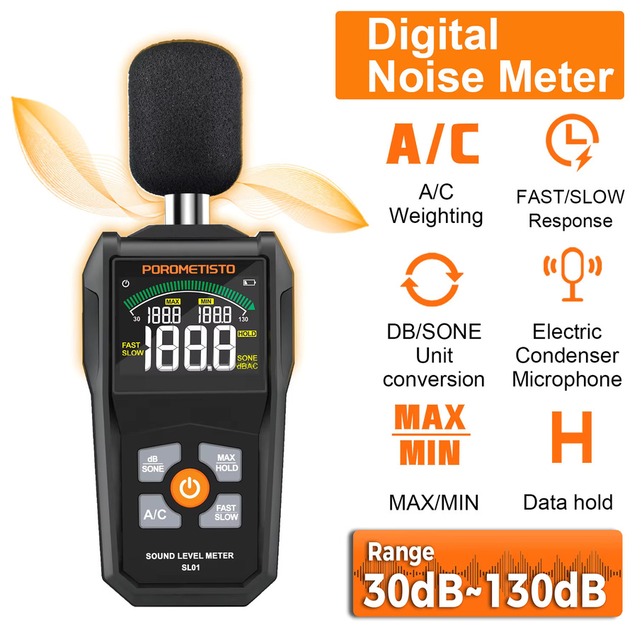 POROMETISTO Digitales Schallpegelmessgerät in Schwarz mit 30-130dB A/C-Gewichtung - Bild 2