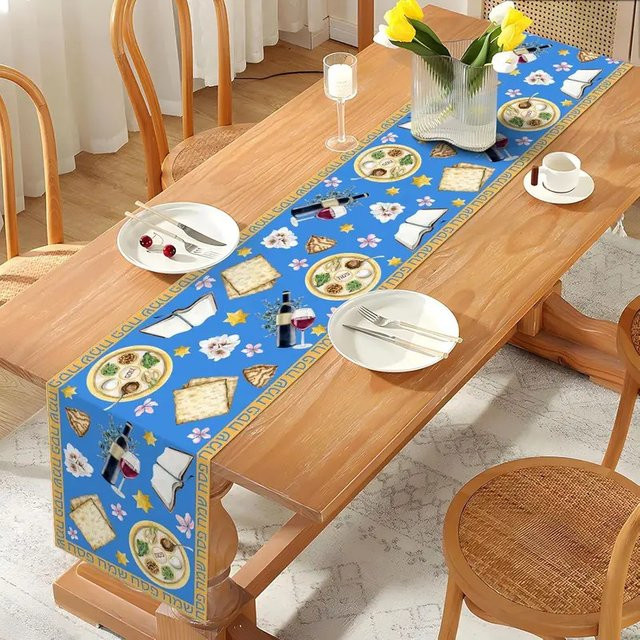 VIKAMA Jüdischer Pessach-Tischläufer aus Leinen in Blau, Tischdekoration für den Seder, Länge: 150 cm - Bild 1