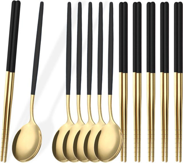 PINKTEN Besteckset aus Edelstahl in Schwarz und Gold, 12-teiliges Luxus Geschirrset mit Löffeln und Essstäbchen im koreanischen Stil - Bild 1