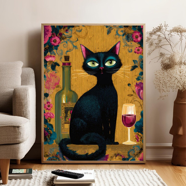 Kunstdruckplakat mit schwarzer Katze und floralem Muster von SHENCHEN, buntes Vintage-Tierposter aus Papier - Bild 1