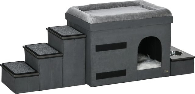 PawHut Katzenhöhle mit Treppe und 2 Edelstahlnäpfen in Grau, B/H/T: 50 x 70 x 51,5 cm - Bild 1