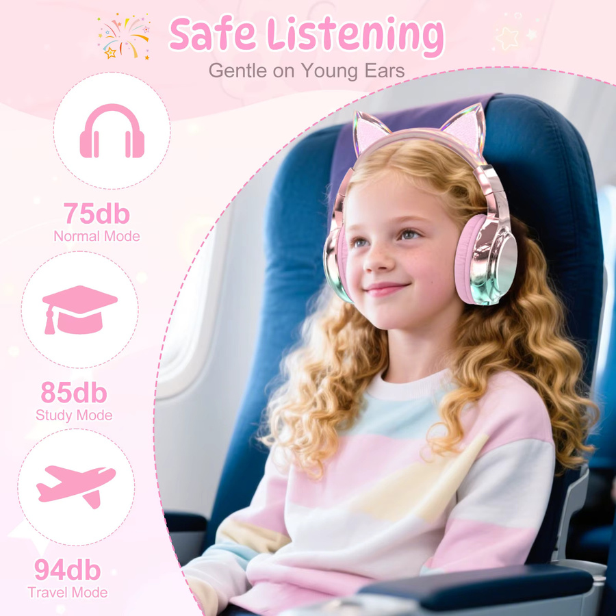 QearFun Bluetooth Katzenohr-Kopfhörer für Kinder und Mädchen mit sicherer Lautstärke, faltbares Headset in Pink oder Purple - Bild 2