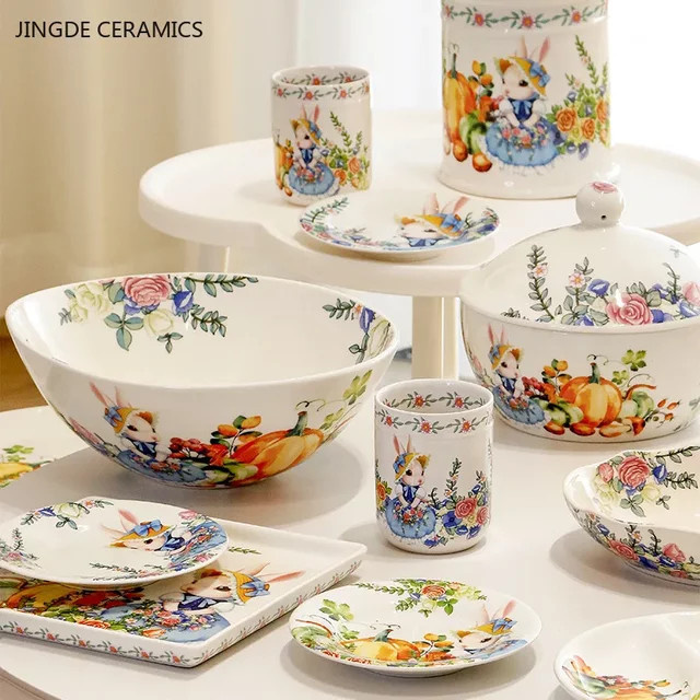 JINGDE CERAMICS Keramik Salat Schüssel mit Kürbis und Kaninchen Muster für Erwachsene - Bild 1