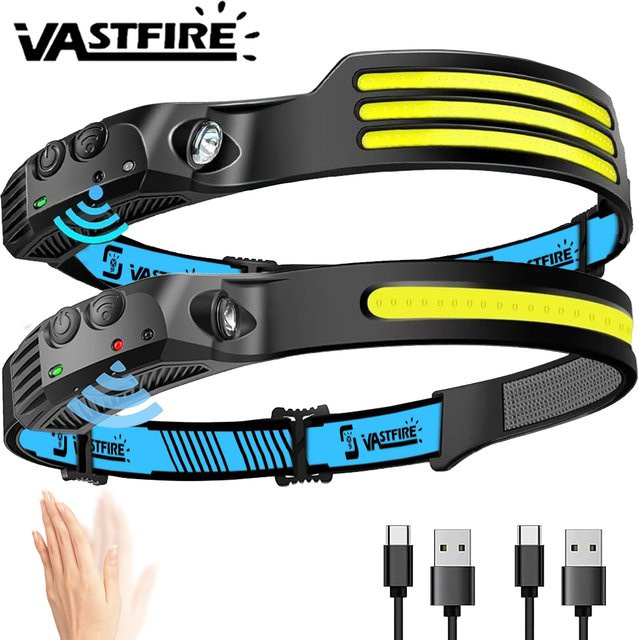 VASTFIRE COB LED Stirnlampe mit Bewegungssensor, USB aufladbare Kopf-Taschenlampe in Schwarz - Bild 1