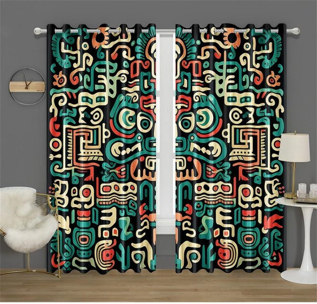 Zweiteiliges Vorhangset mit Aztekenmuster in Multicolour, halbtransparentes Polyester-Dekorgewebe für Fenster, Breite: 50 cm, Höhe: 130 cm - Bild 1
