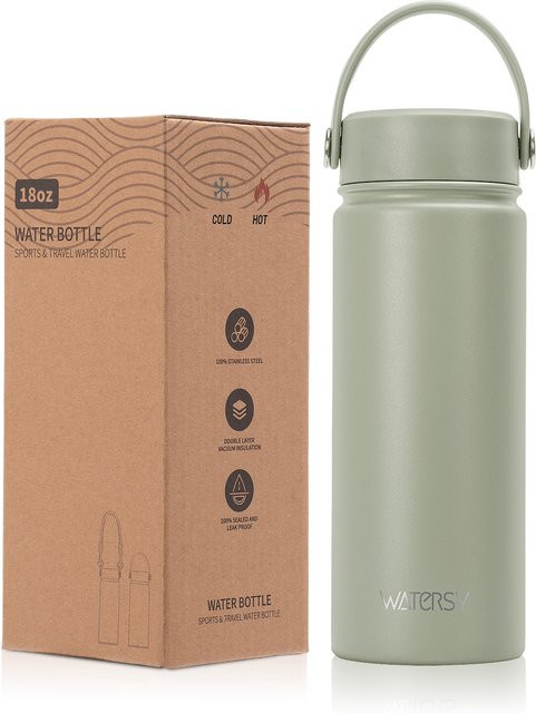 WATERSY Isolierte Wasserflasche aus Edelstahl mit Griff, doppelwandiger vakuumisolierter Becher in Grün, 532 ml - Bild 1