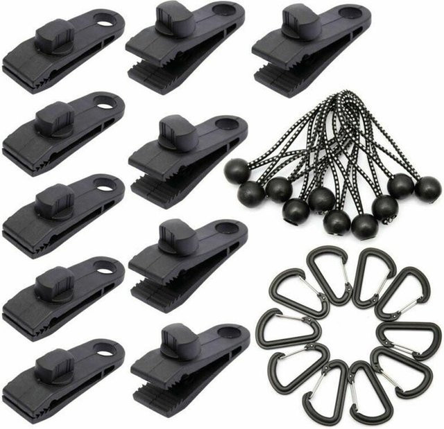 30 Stück Meterk Planenklemmen für den Außenbereich in Schwarz mit Feststellgriff und Bungee-Kugelschnüren aus Nylon und Kunststoff - Bild 1