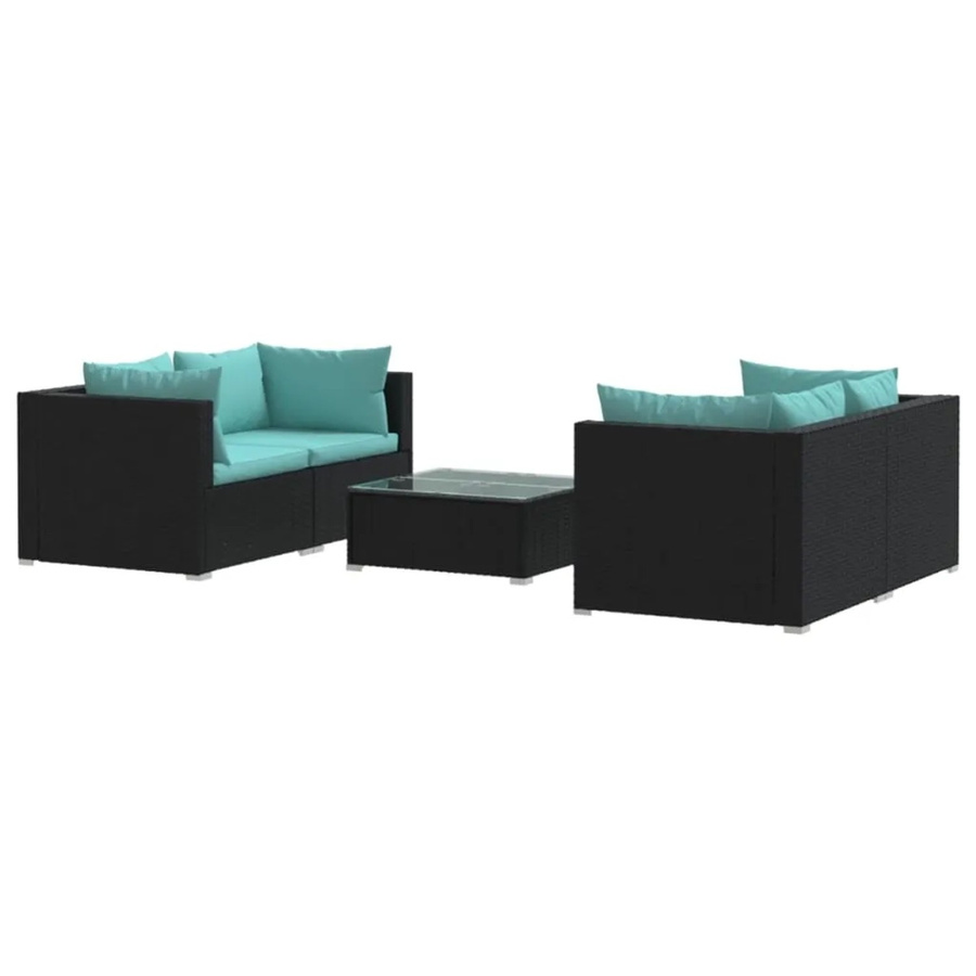 vidaXL 5-tlg. Garten-Lounge-Set in L-Form aus Poly Rattan mit Kissen, Schwarz und Blau - Bild 2