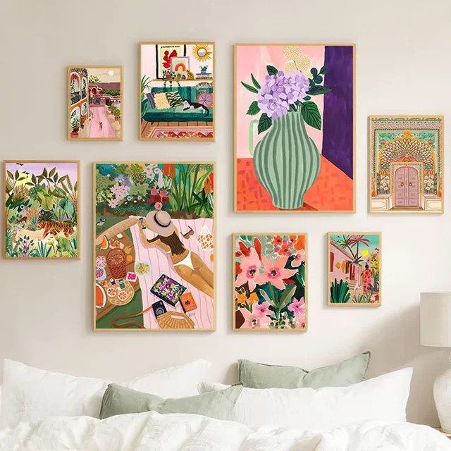 Potdemiel Wandkunst Leinwand Poster mit abstrakter Illustration von Mädchen und Blumen in Mehrfarbig - Bild 1