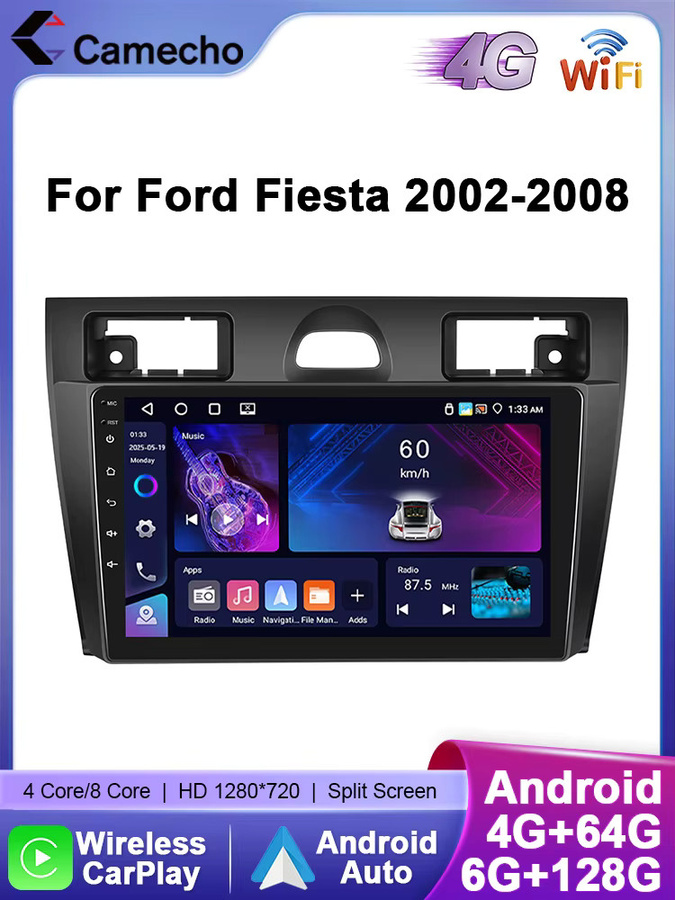 Camecho Wireless CarPlay und Android Auto Autoradio für Ford Fiesta 2002-2008 mit GPS, 4G, WIFI und 128G Speicher in Schwarz - Bild 5