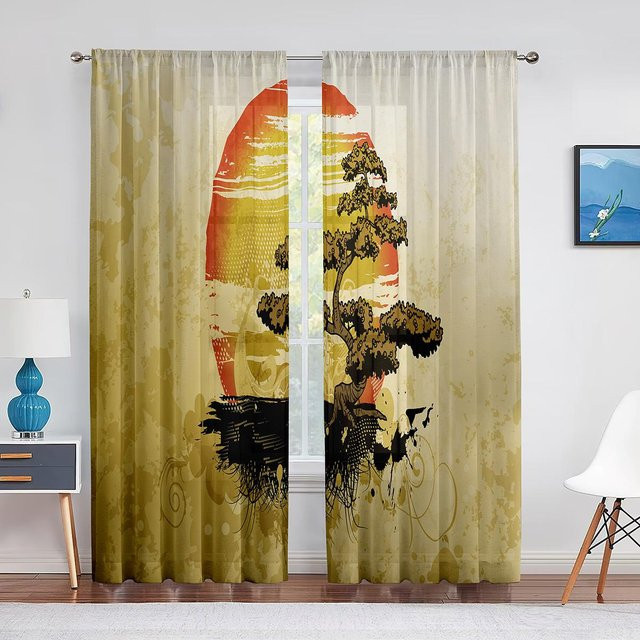 Pflaumenblütenlaterne Transparenter Voile-Vorhang im chinesischen Stil mit roten Tüllvorhängen und Ösen, Farbe: Rot, Breite: 100 cm, Höhe: 250 cm - Bild 1