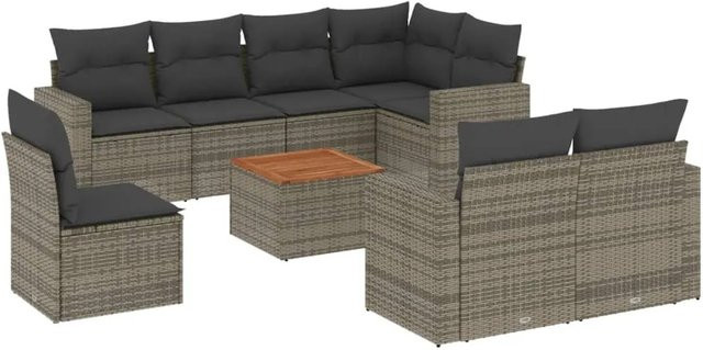 vidaXL 9-teilige Garten-Sofagarnitur aus Poly-Rattan und Akazienholz mit Kissen in Grau - Bild 1