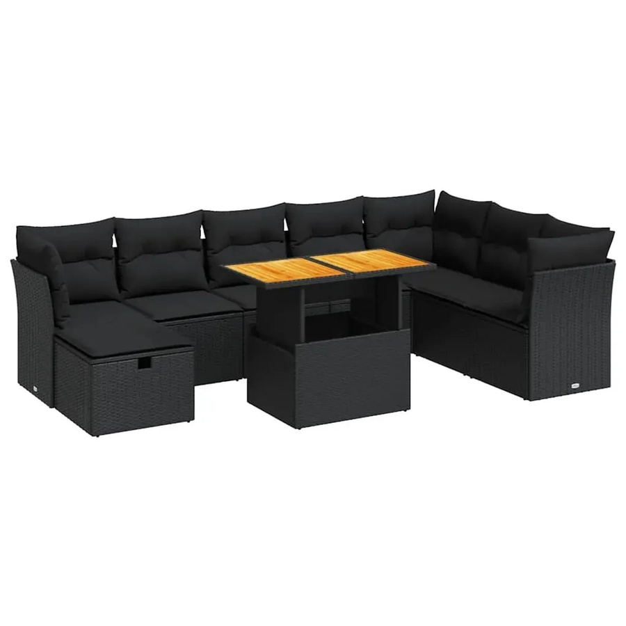 vidaXL 9-teilige Garten-Sofagarnitur aus Poly-Rattan und Akazienholz in Schwarz mit Kissen - Bild 2