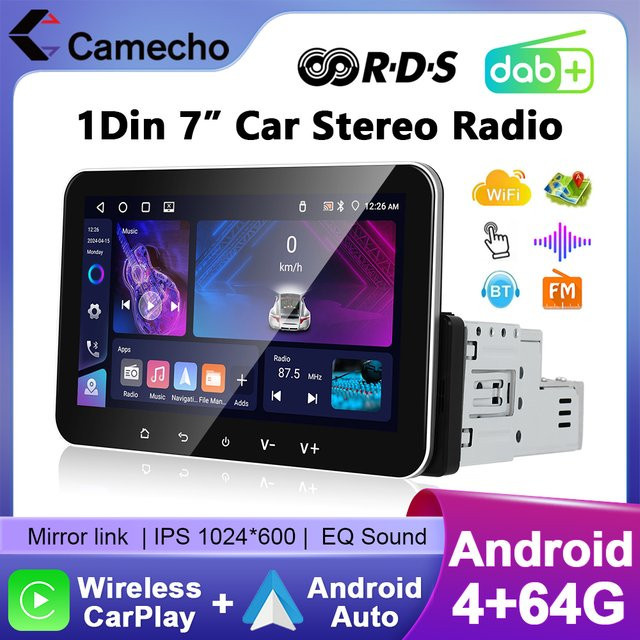 Camecho Android 1 Din Autoradio mit 7 Zoll IPS Bildschirm, 4 GB RAM + 64 GB Speicher, Wireless Carplay, Android Auto, GPS, Wifi und Mirrorlink in Schwarz - Bild 1