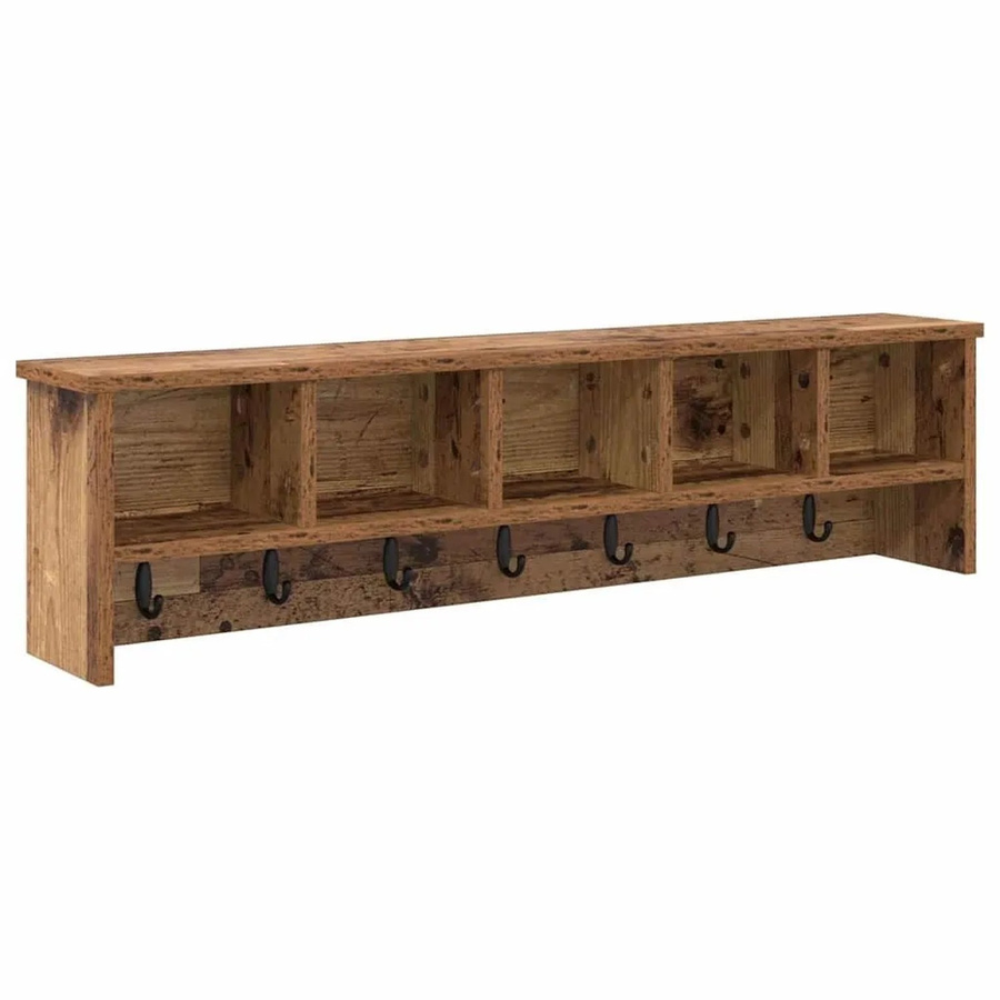 vidaXL Wandmontierter Kleiderständer aus Altholz in Braun mit Haken, B/H/T: 100 x 26 x 16 cm - Bild 2