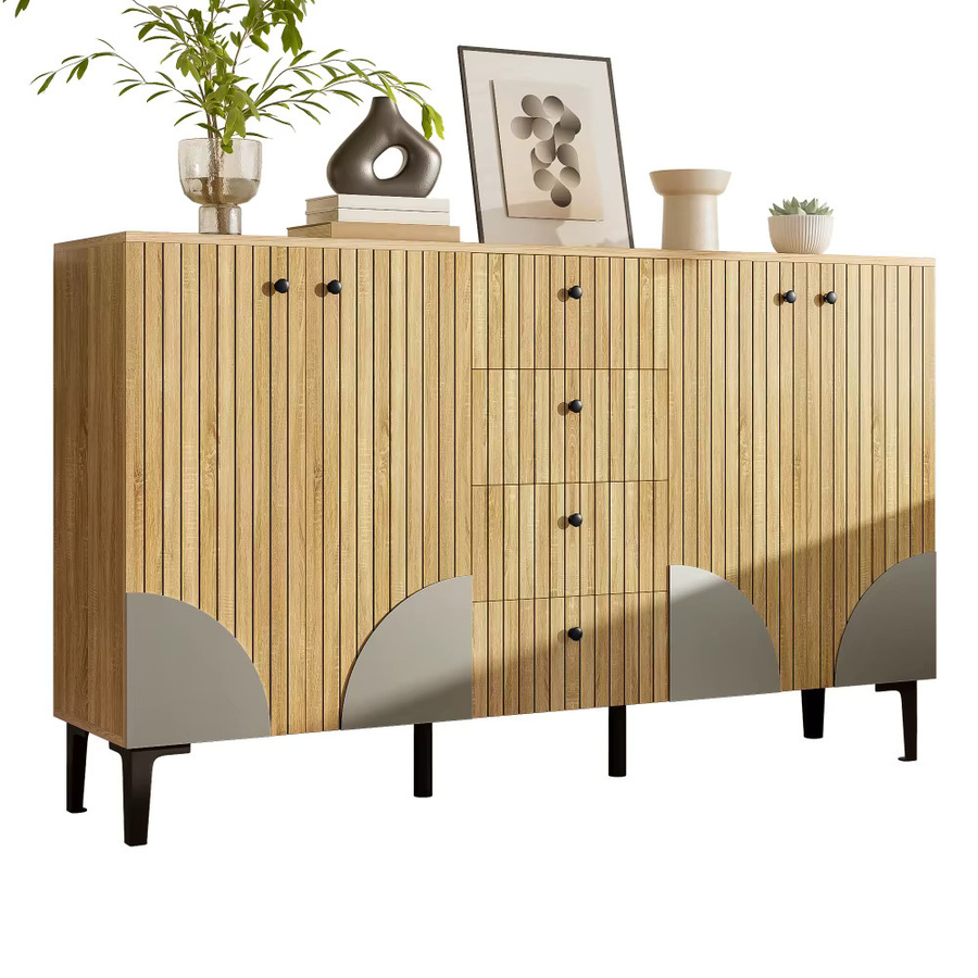 Ye Moderner Holz-Aufbewahrungsschrank in Braun mit 4 Türen und 4 Schubladen, Minimalistisches Design, B/T/H: 160 x 36 x 94 cm - Bild 2