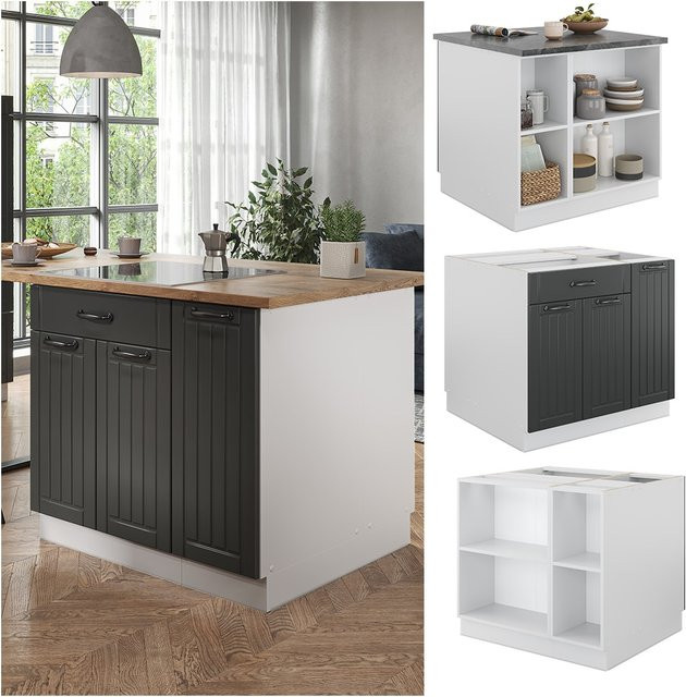 Vicco Kücheninsel Fame-Line Landhausstil in Weiß und Dunkelgrau mit Softclose-Scharnieren, Breite: 90 cm - Bild 1