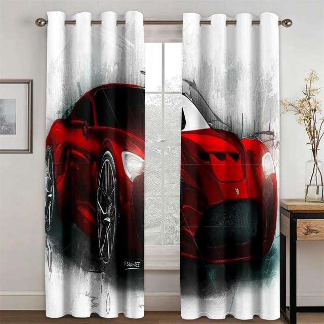 Yiran Furniture Fenstervorhänge mit 3D-Comic-Rennauto Motiv für Kinder, 2er-Set, semi-transparent, B: 50 cm, H: 130 cm - Bild 1
