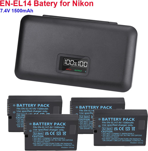 En-EL14 Akku Set für Nikon D3100 D3200 D3300 D3400 D3500 D5600 D5100 D5300 inklusive USB-C Ladegerät in Schwarz - Bild 1