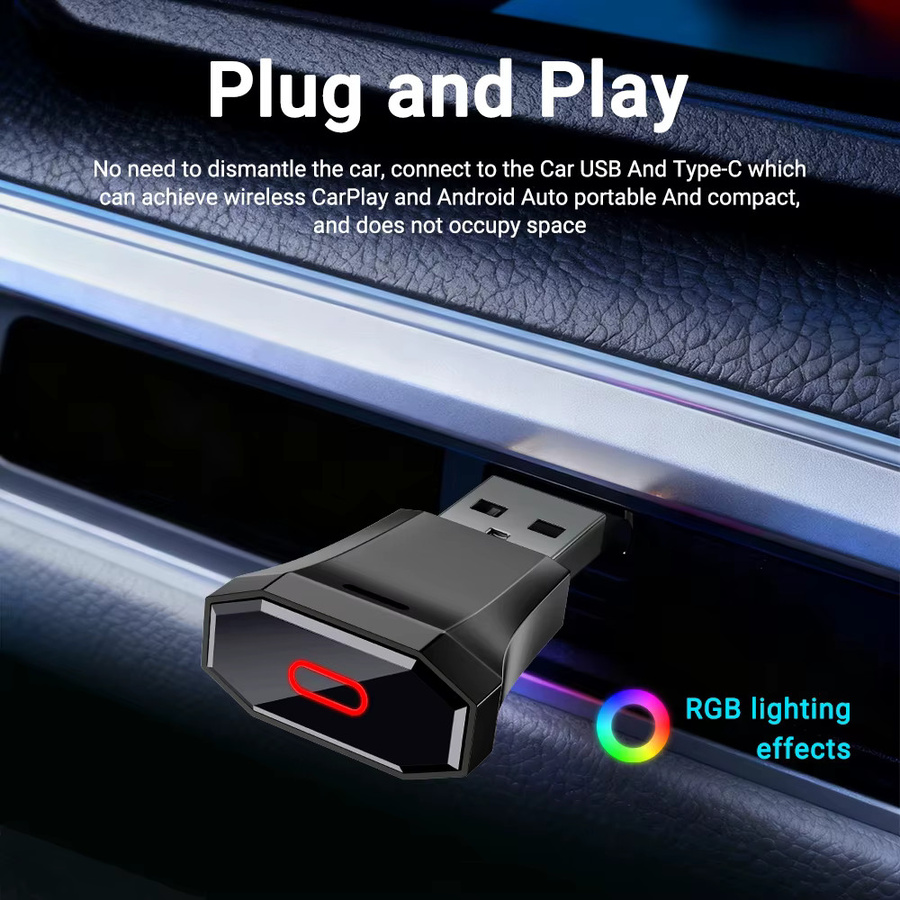 XUDA 2-in-1 Kabelloser CarPlay und Android Auto Adapter, 5GHz WLAN, USB-C und USB-A, Schwarz - Bild 2