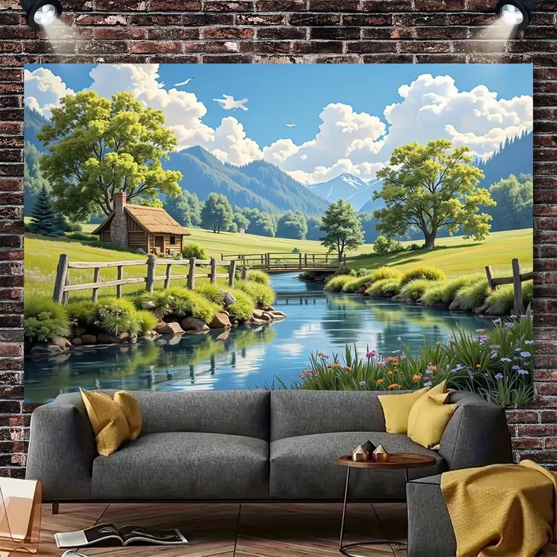 VIKAMA Wandtapete mit ländlichem Landschaftsmotiv in Grün und Multicolour, dekorative Tapete mit Steinhaus und Naturmotiv - Bild 2