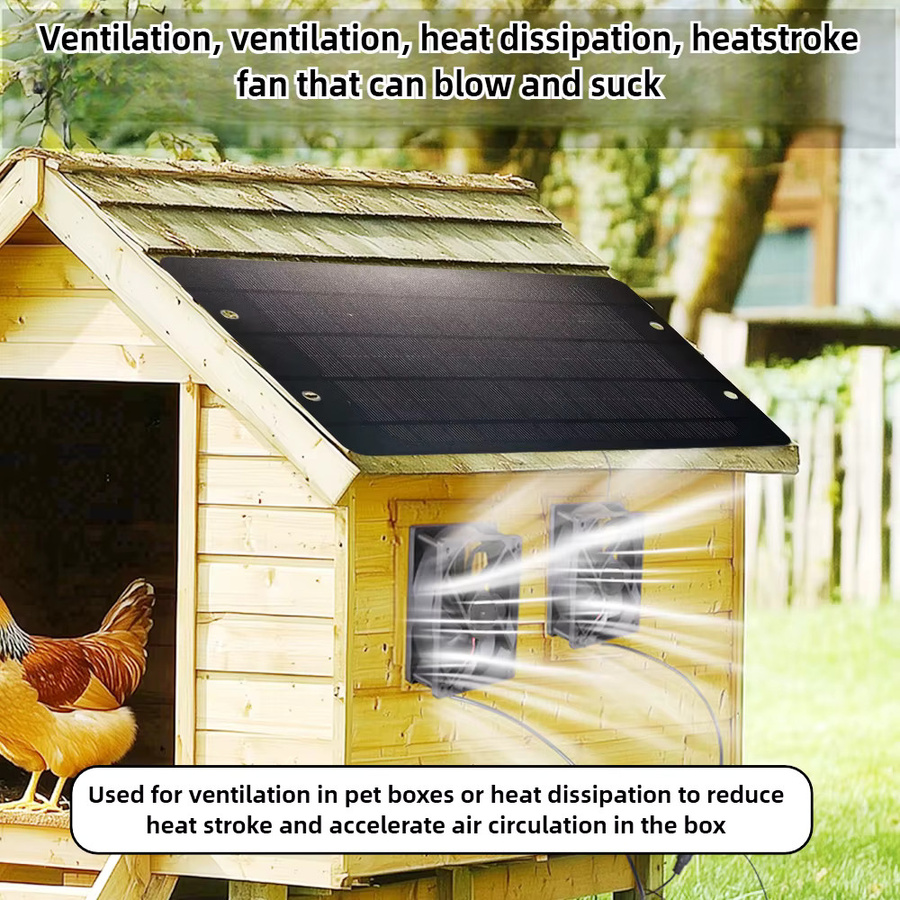 EESBAO 10W Solarpanel-betriebenes Doppellüfter-Belüftungsset in Schwarz für Hundehütten, Gewächshäuser und Tierställe - Bild 2