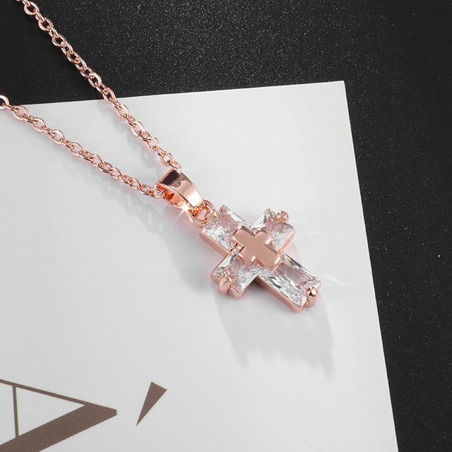 YIRAN Halskette mit Kreuz Anhänger, Kupfer, Roségold, Zirkonia, Damen - Bild 1