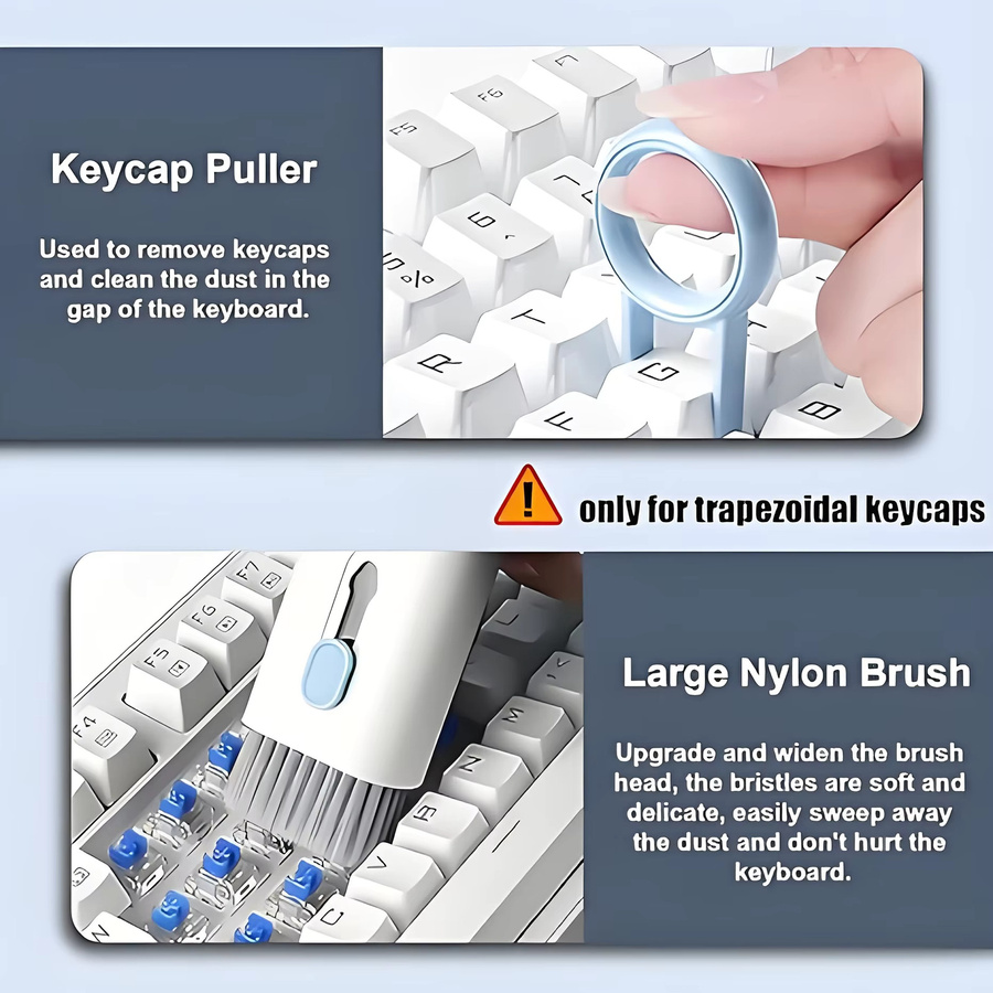 7-in-1 Tastatur Reinigungsbürste Kit mit Kopfhörer Reinigungsstift und Keycap Puller für Computer und AirPods in Blau und Weiß - Bild 3