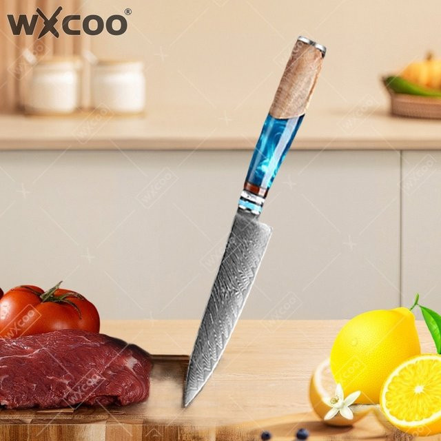 WXCOO Damaszener Stahl Kochmesser-Set mit blauem Harzgriff, professionelles japanisches Küchenmesser-Set für den Allzweckgebrauch inklusive Obst- und Schälmesser - Bild 1