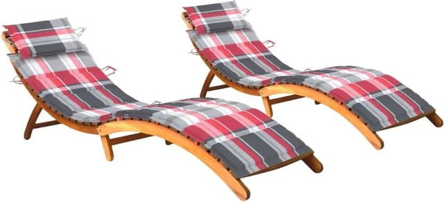 vidaXL Sonnenliegen Set aus 2 Stück aus Akazien-Massivholz mit wetterfesten Auflagen, Farbe: Braun/Rot, B/T/H: 184 x 55 x 64 cm - Bild 1