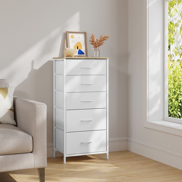 WOLTU Kommode aus Stoff mit 5 Schubladen in Weiß, stapelbarer Schrank-Organizer für Wohnzimmer, Flur und Schlafzimmer - Bild 1