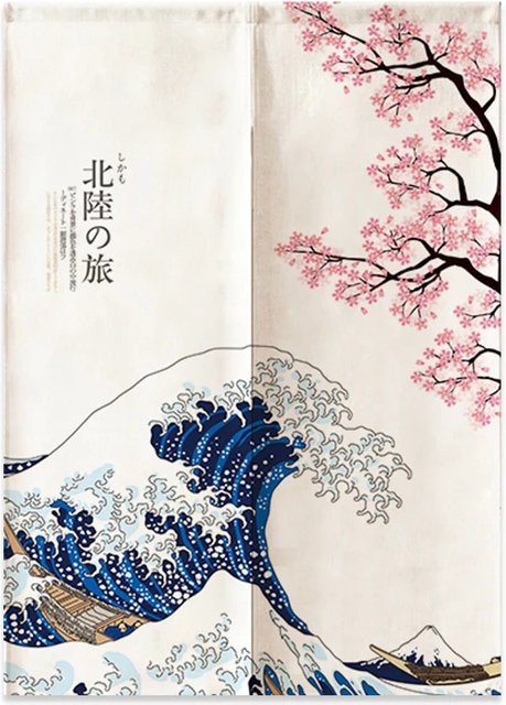 VIKAMA Japanischer Noren-Türvorhang aus Leinen mit Fuji-Motiv und Wellen, Mehrfarbig, Höhe: 90 cm, Breite: 65 cm - Bild 1
